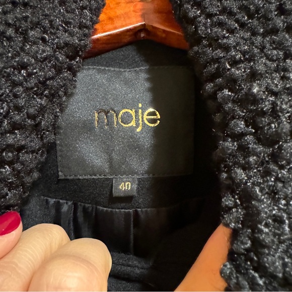 Maje Women’s Black Wool Coat with fur collar - Size 40 - Picture 4 of 6